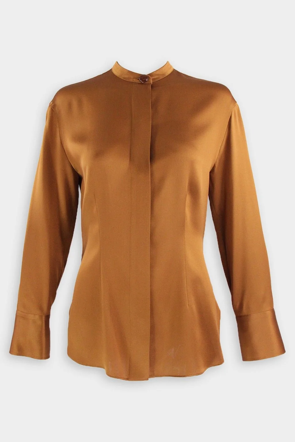 Vince Silk Shaped Long Sleeve Band Collar Blouse in Vicuna