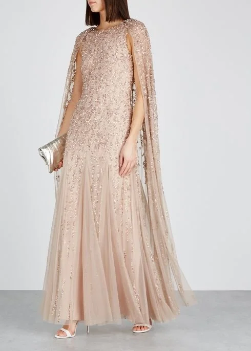 Paule Ka Embellished Cape Back Gown in Midnight Blue