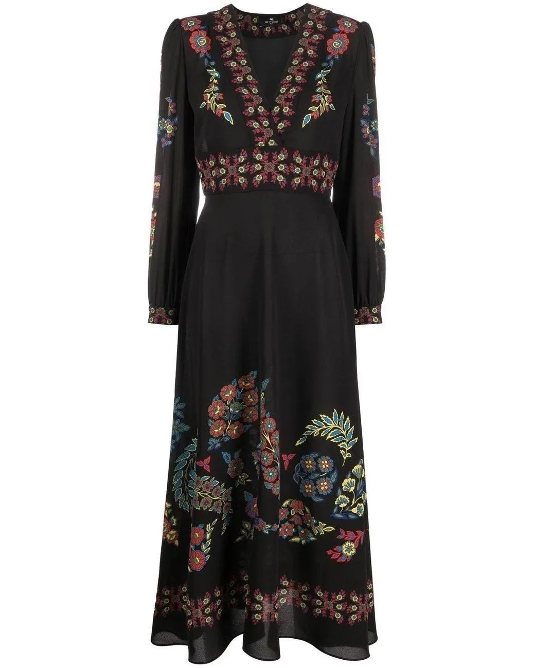 Etro Floral Print V-Neck Midi Dress in Black