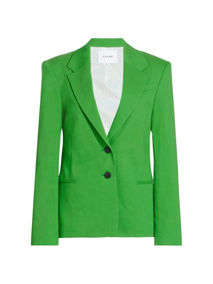 Frame Femme Linen-Blend Blazer in Bright Peridot