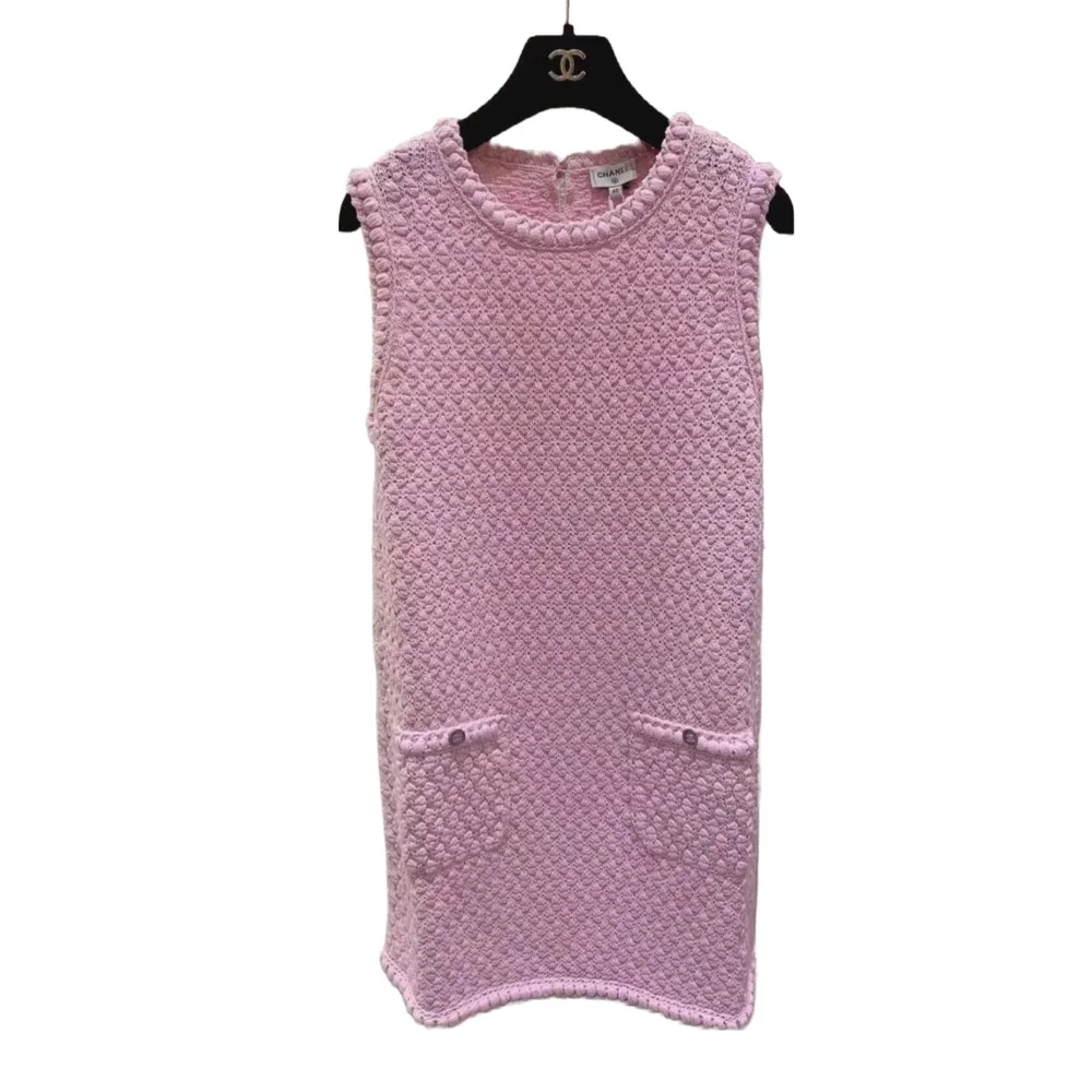 chanel pink knit dress Chanel 2024 Pink Cotton Knit Four Pocket Dress