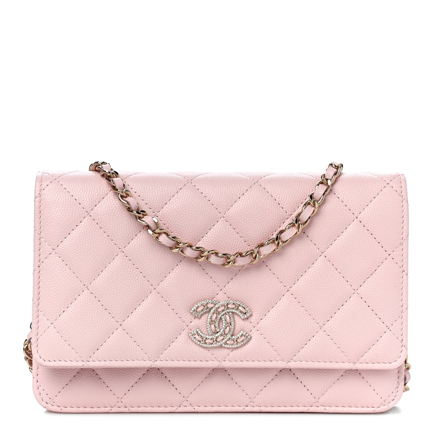 Chanel Wallet on Chain with Crystal Logo in Light Pink Caviar