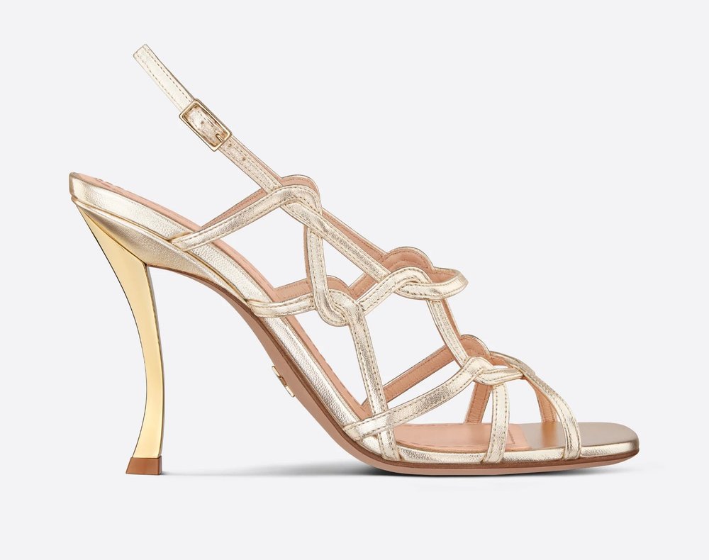 Christian Dior D-Fame Heeled Sandals in Gold-Tone Laminated Lambskin ...