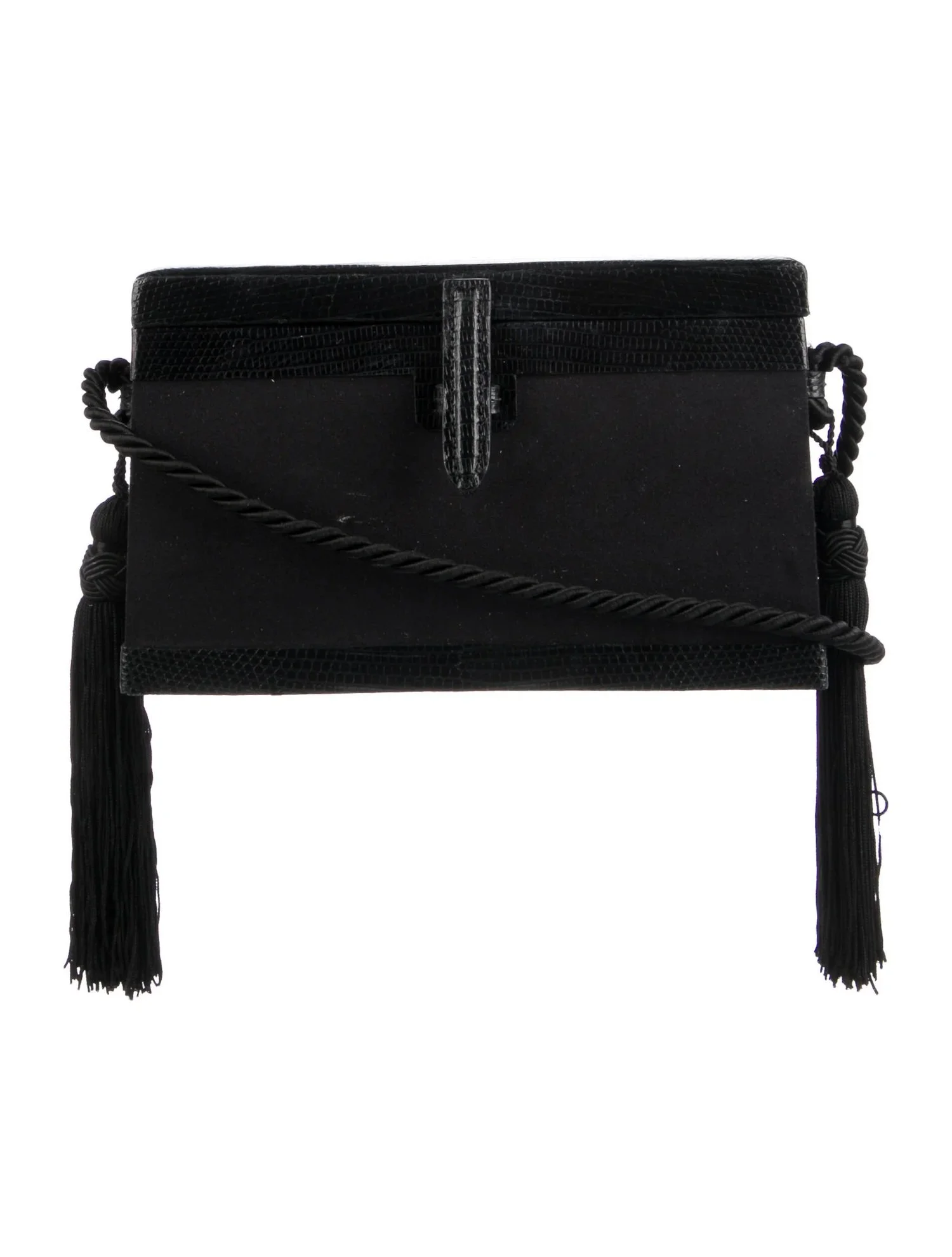 Hunting Season Mini Square Trunk Bag in Black Lizard-Trimmed Satin