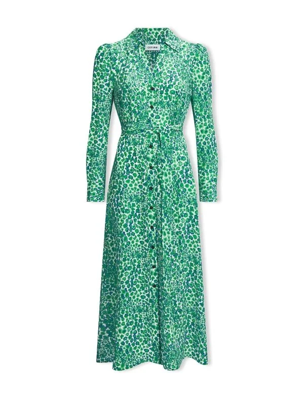 Cefinn Petra Dress in White Green Leopard Pansy Print