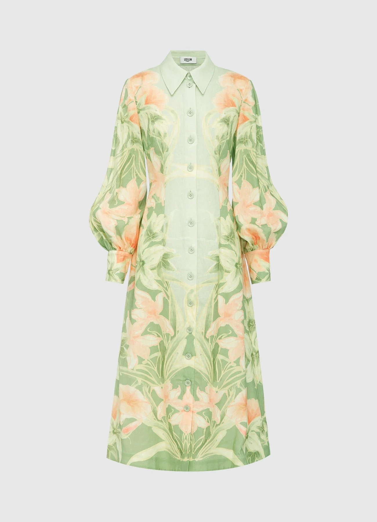 Leo Lin Cecilia Linen Midi Dress in Evergreen Orient Print