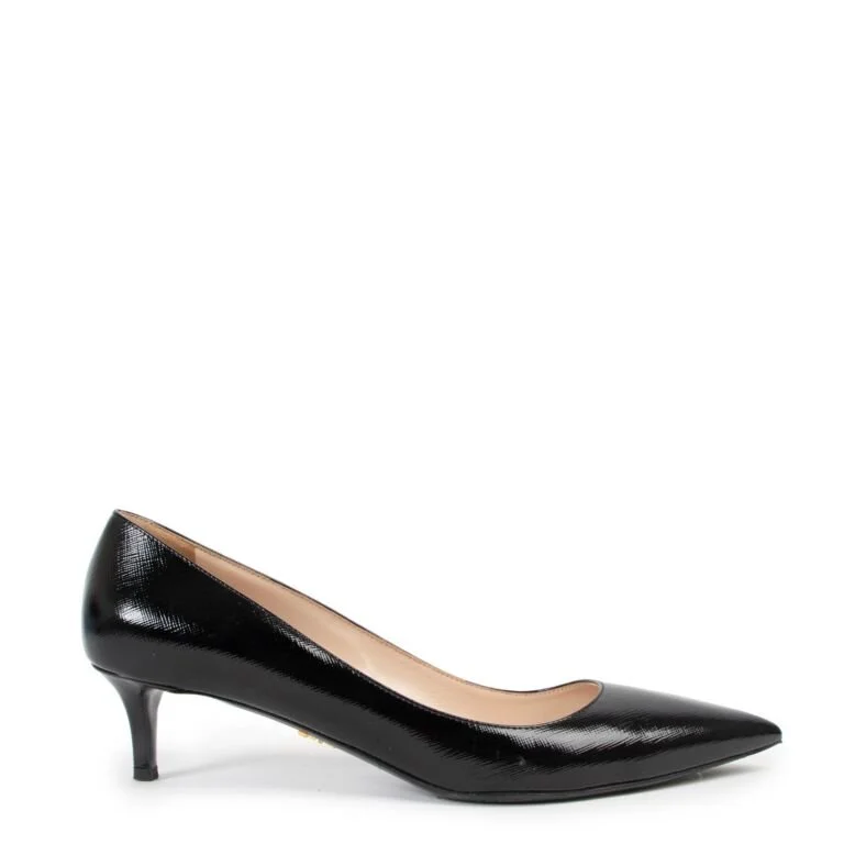 Prada Textured-Leather Low Heel Pumps in Black