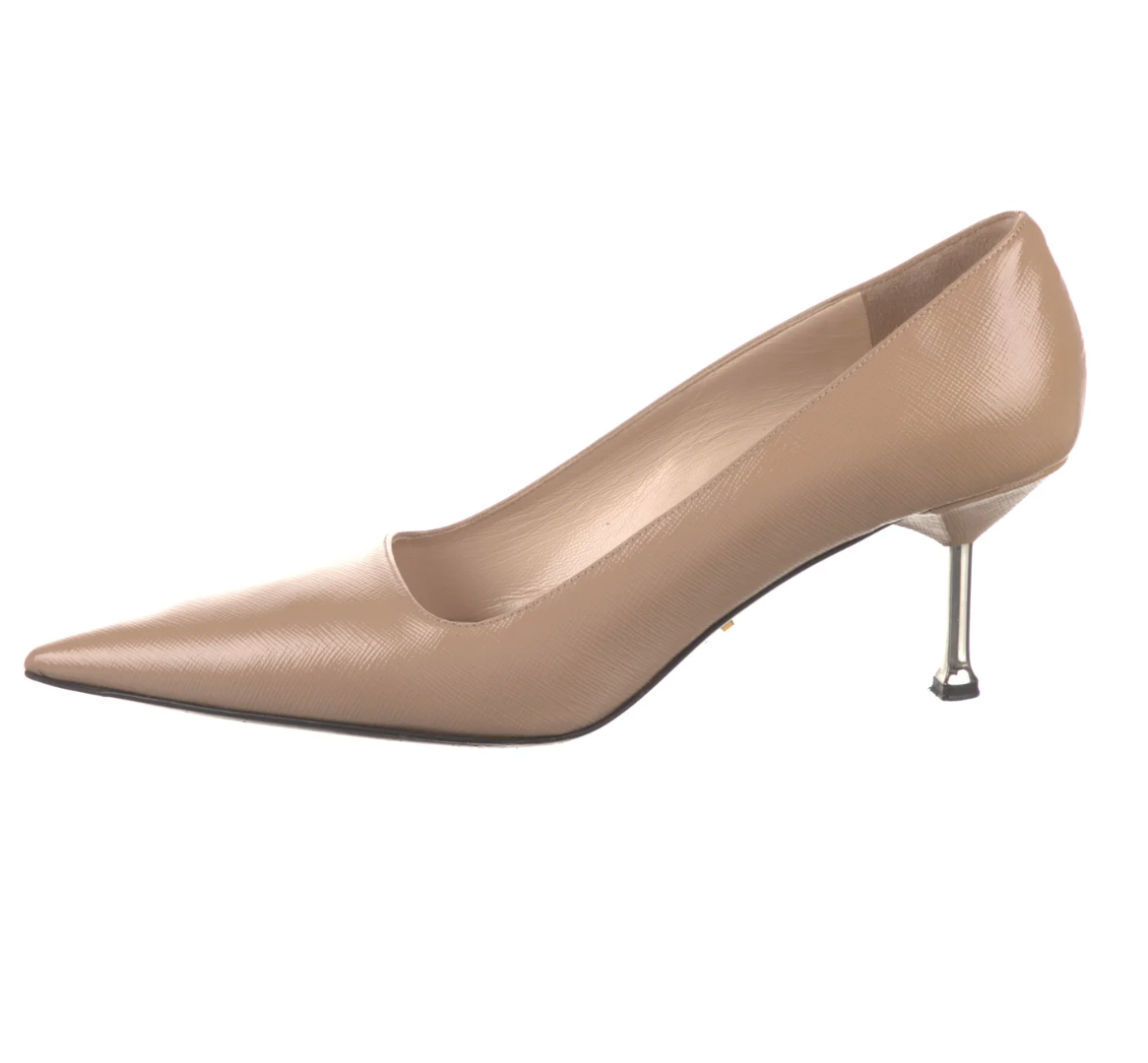 Prada Metallic Mid Heel Pumps in Grey Leather