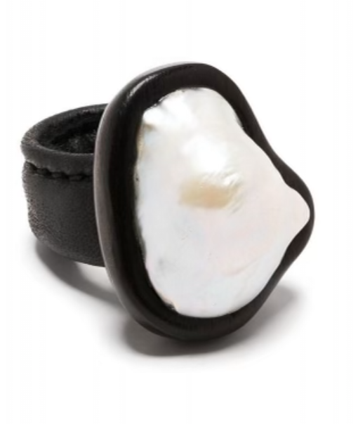 Monies Ebony Leather and Pearl Ring