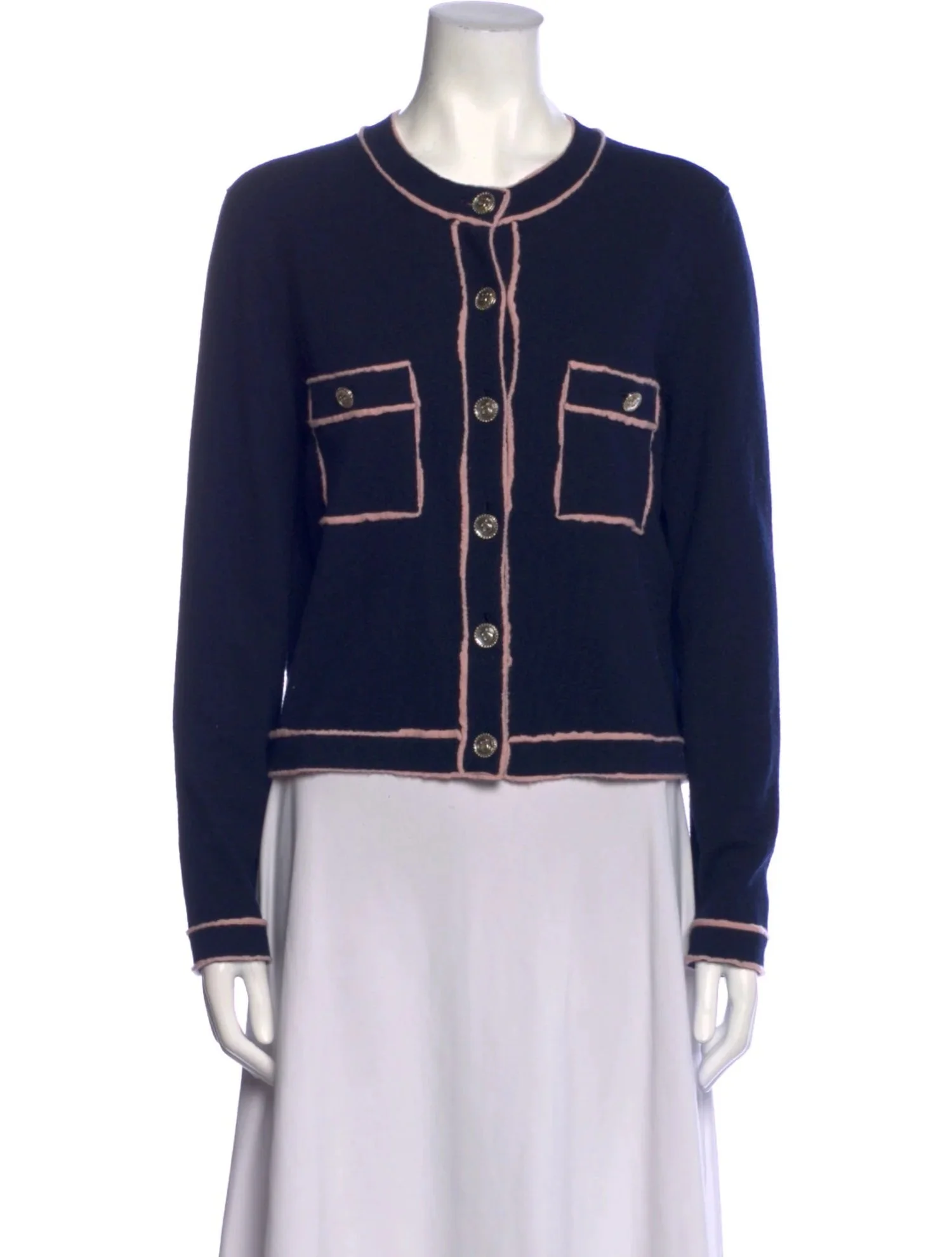 Chanel Cropped Cardigan with Contrast Trim in Navy/Pink