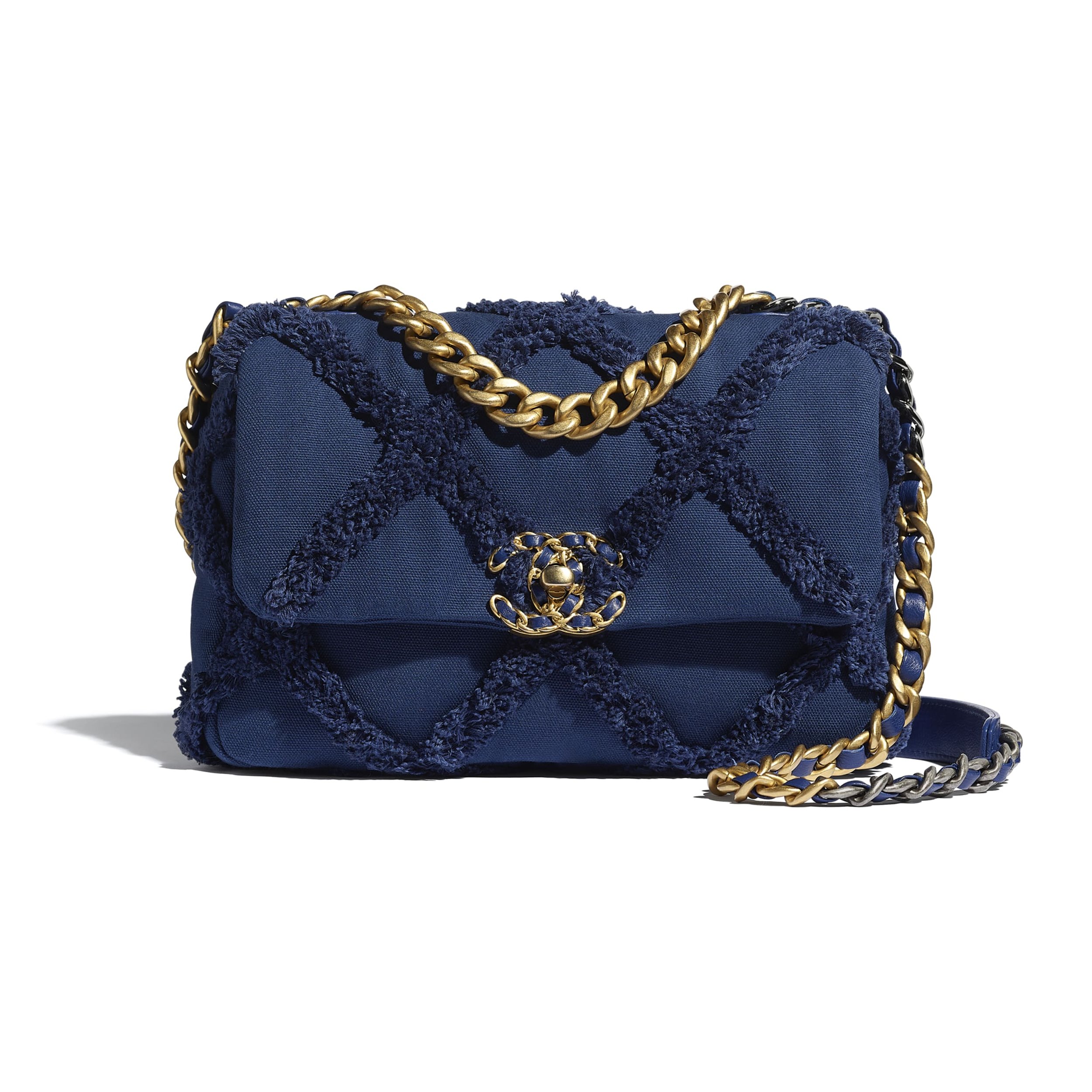 Chanel Large 19 Handbag in Navy Blue Cotton Canvas Calfskin with Gold Tone, Silver Tone & Ruthenium Finish.jpg