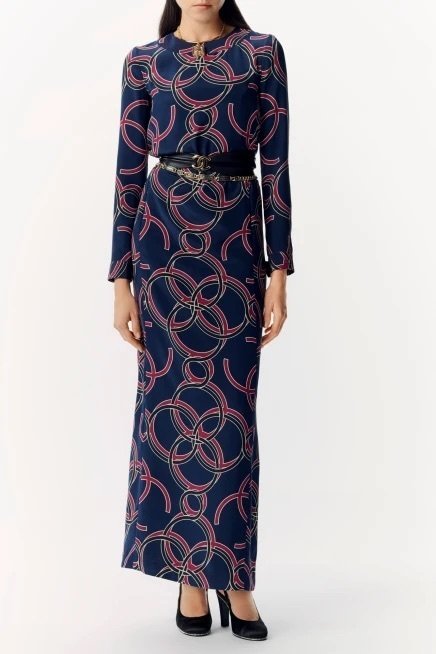 Chanel Printed Crêpe de Chine Gown in Navy Blue, Red, Ecru & Black — UFO No  More