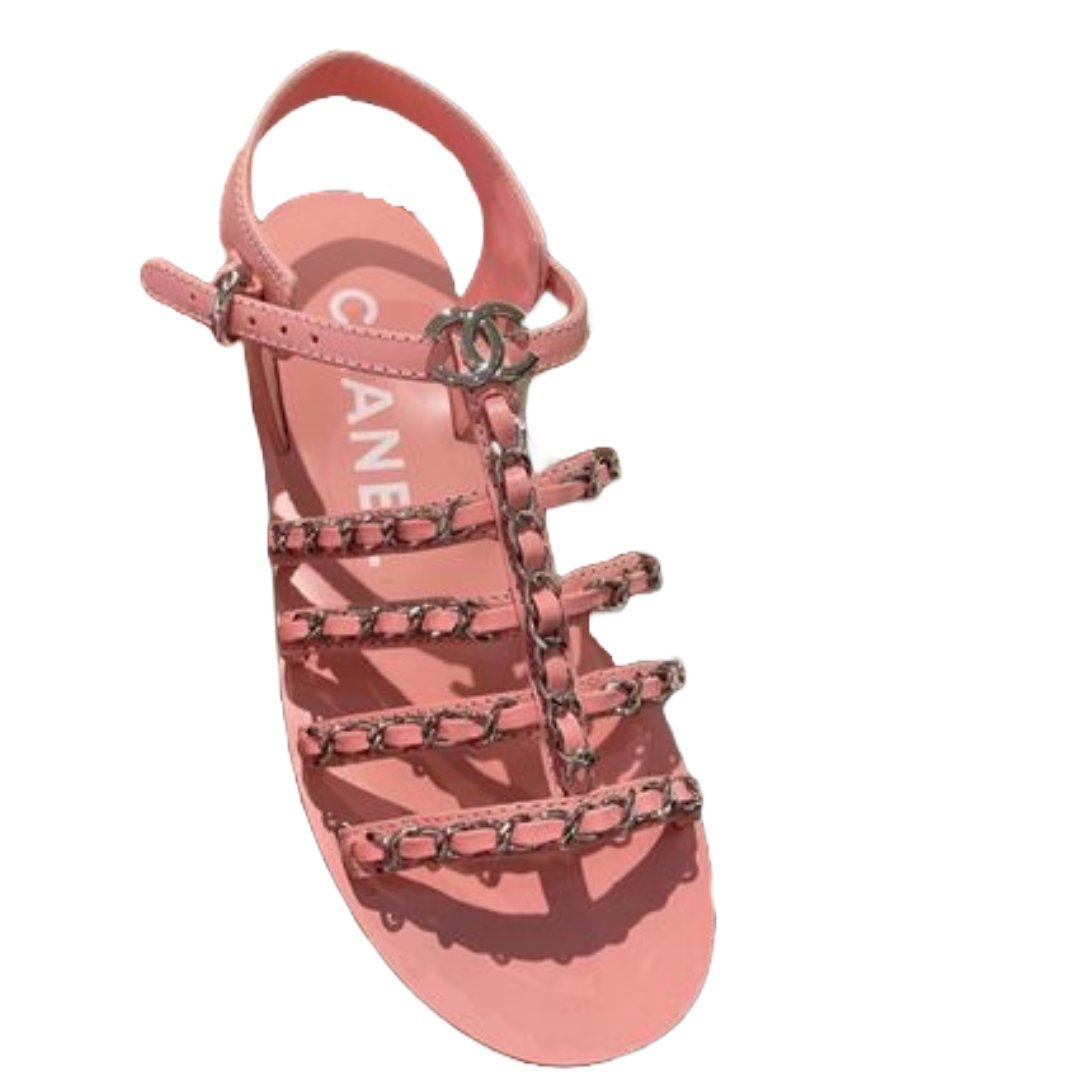 Chanel Chain-Embellished T-Strap Sandals in Pink.jpg