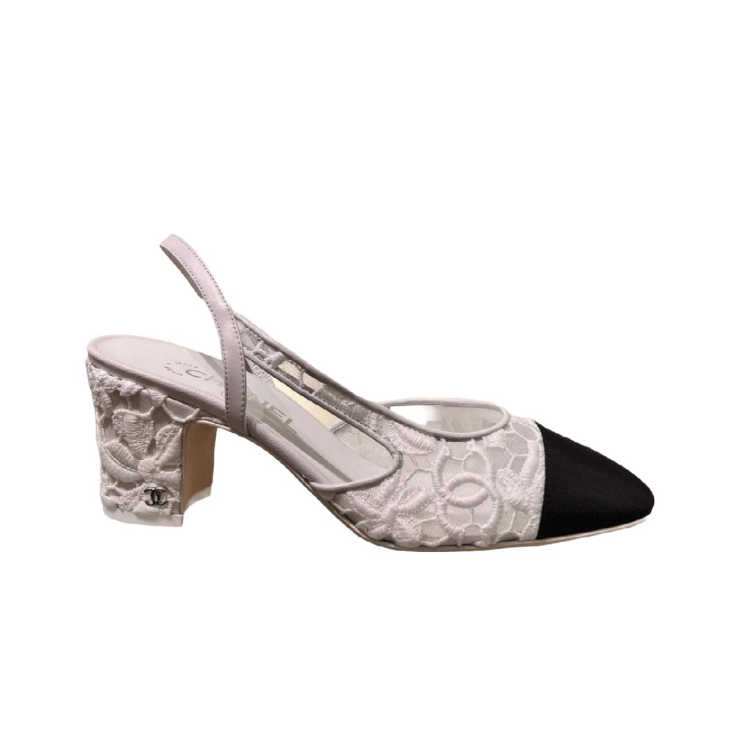 Chanel Cap-Toe Slingback Pumps in White Floral Lace — UFO No More
