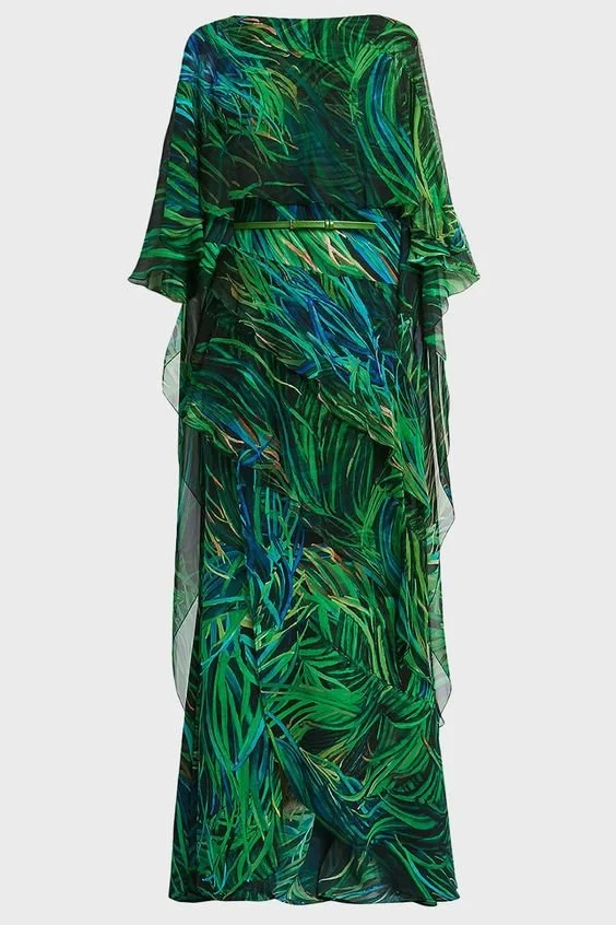 Elie Saab Cape Silk Gown in Green Palm Print