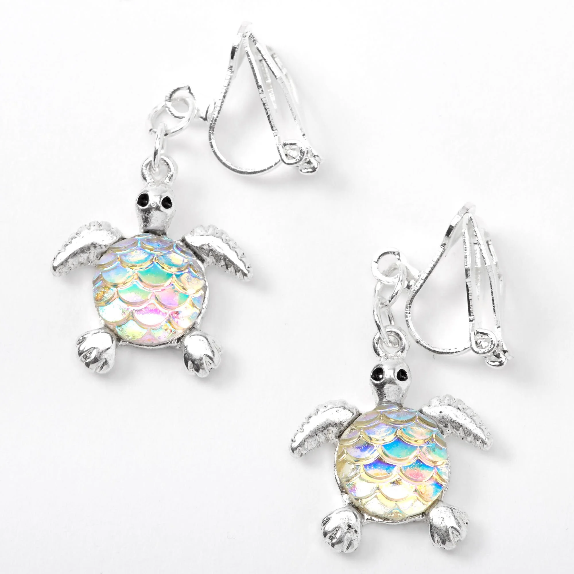 Claire's Iridescent Scale Turtle Clip On Drop Earrings in Silver