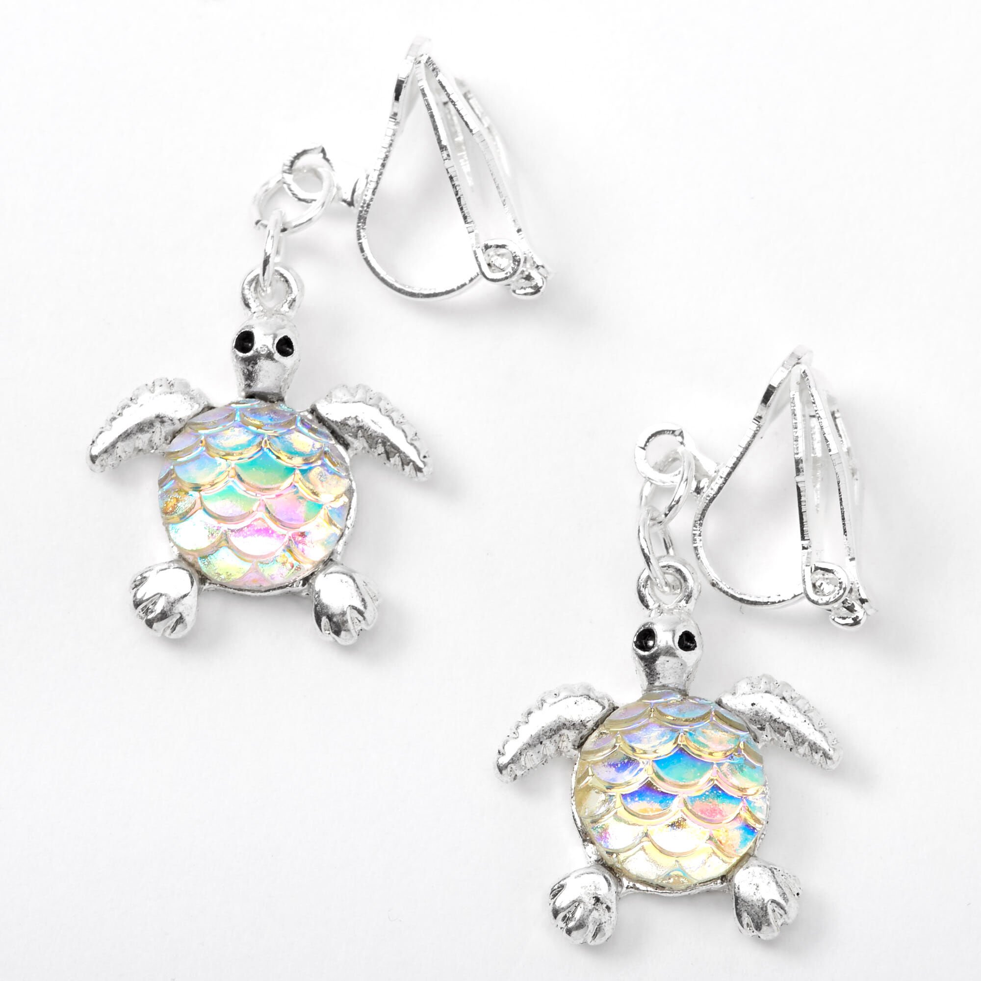 Claire's Iridescent Scale Turtle Clip On Drop Earrings in Silver.jpg
