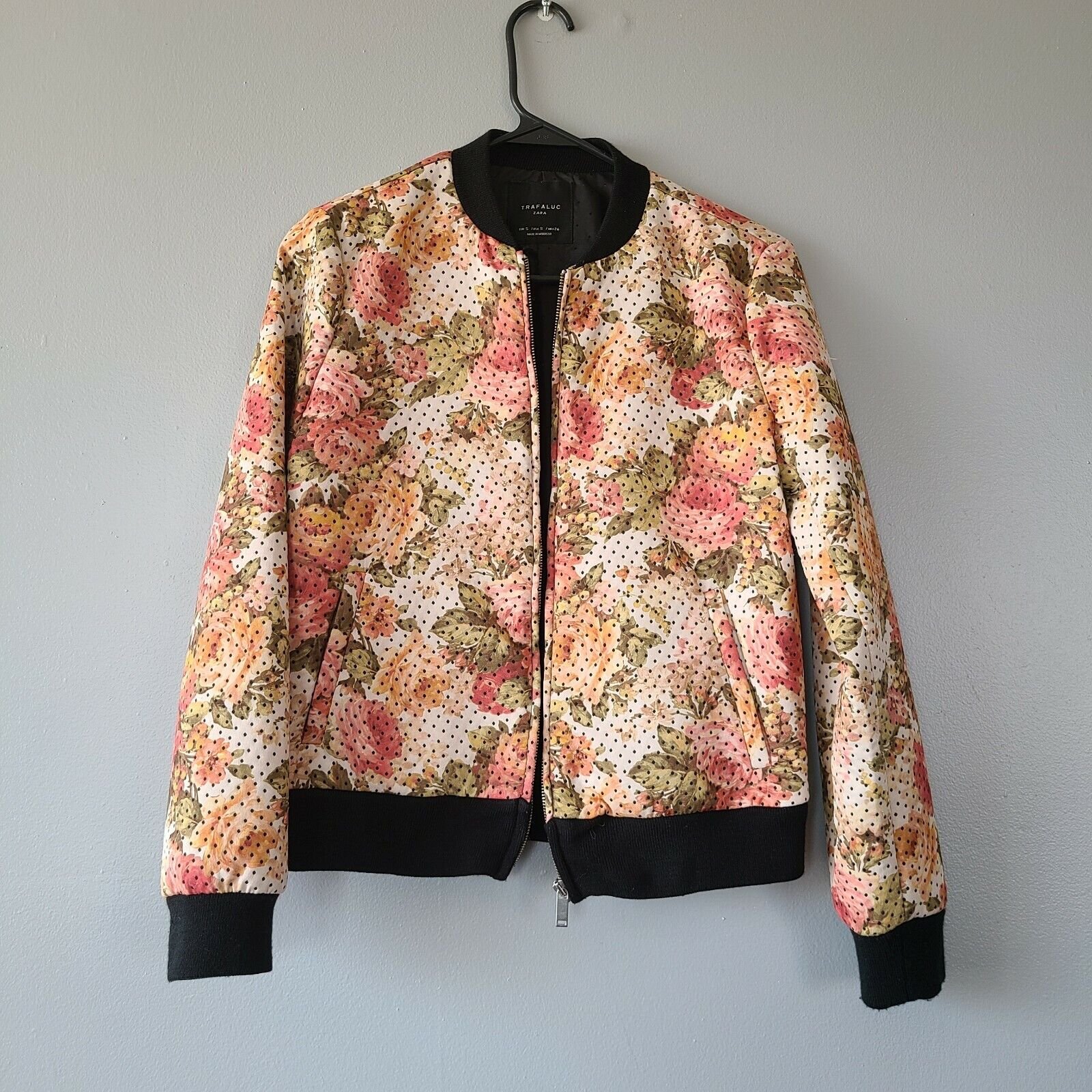 Zara Polka Dot Floral Print Neoprene Bomber Jacket.jpg