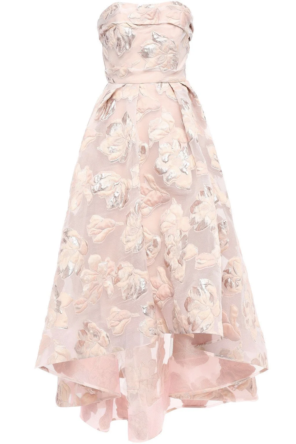 Marchesa Notte Strapless Asymmetric Metallic Fil Coupé Gown