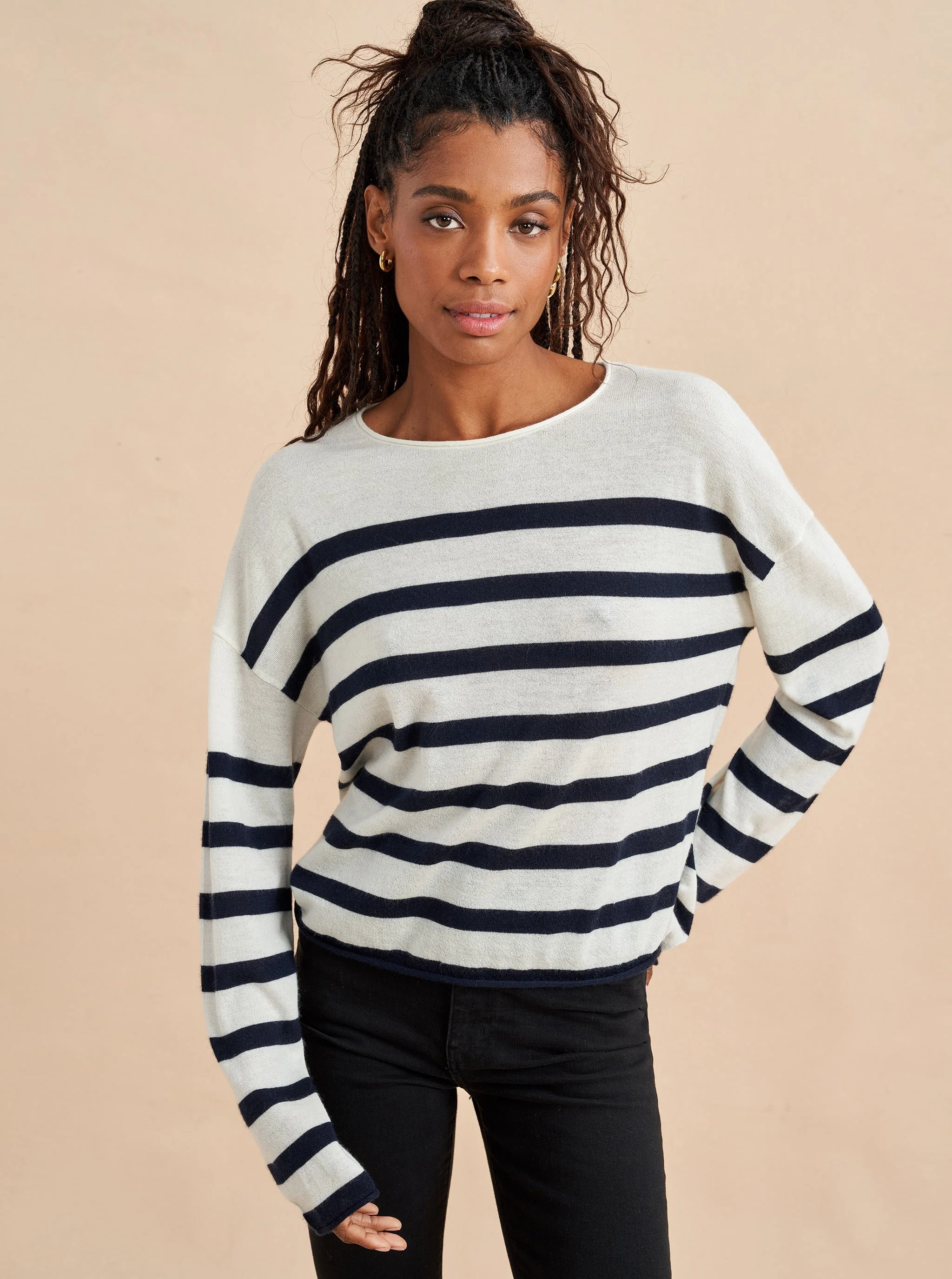 La Ligne Mini Featherweight Roll Neck in Cream/Navy