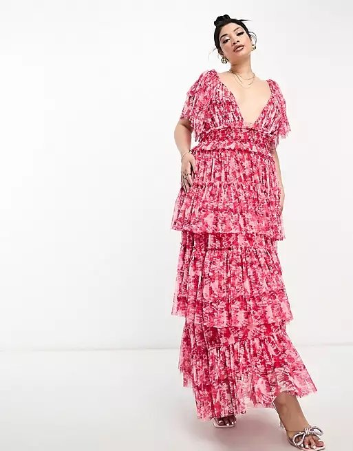 Lace & Beads Flutter Sleeve Ruffle Maxi Dress in Red Floral.jpg