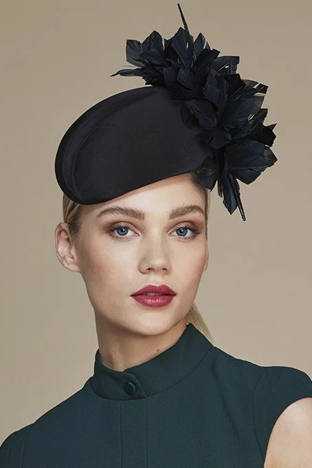 Juliette Botterill Silk Feather Cocktail Hat in Black