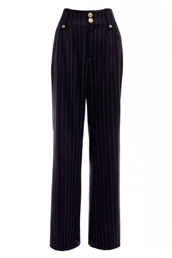Holland Cooper High Waisted Straight Trousers in Navy Chalk Pin Stripe