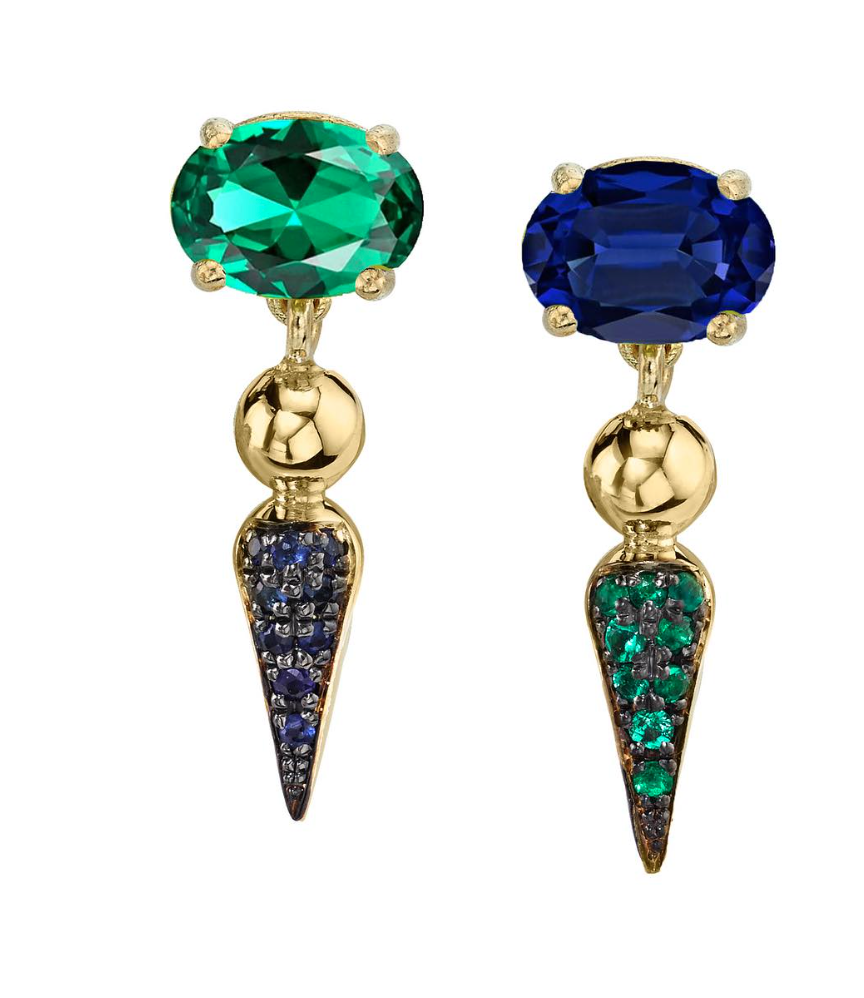 Sarah Hendler Spear Dangle Stud Earrings in Emerald and Sapphires