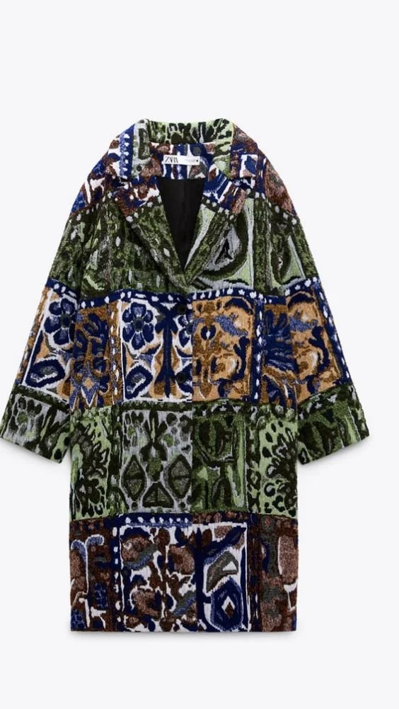 Zara Multicolor Jacquard Coat in Green