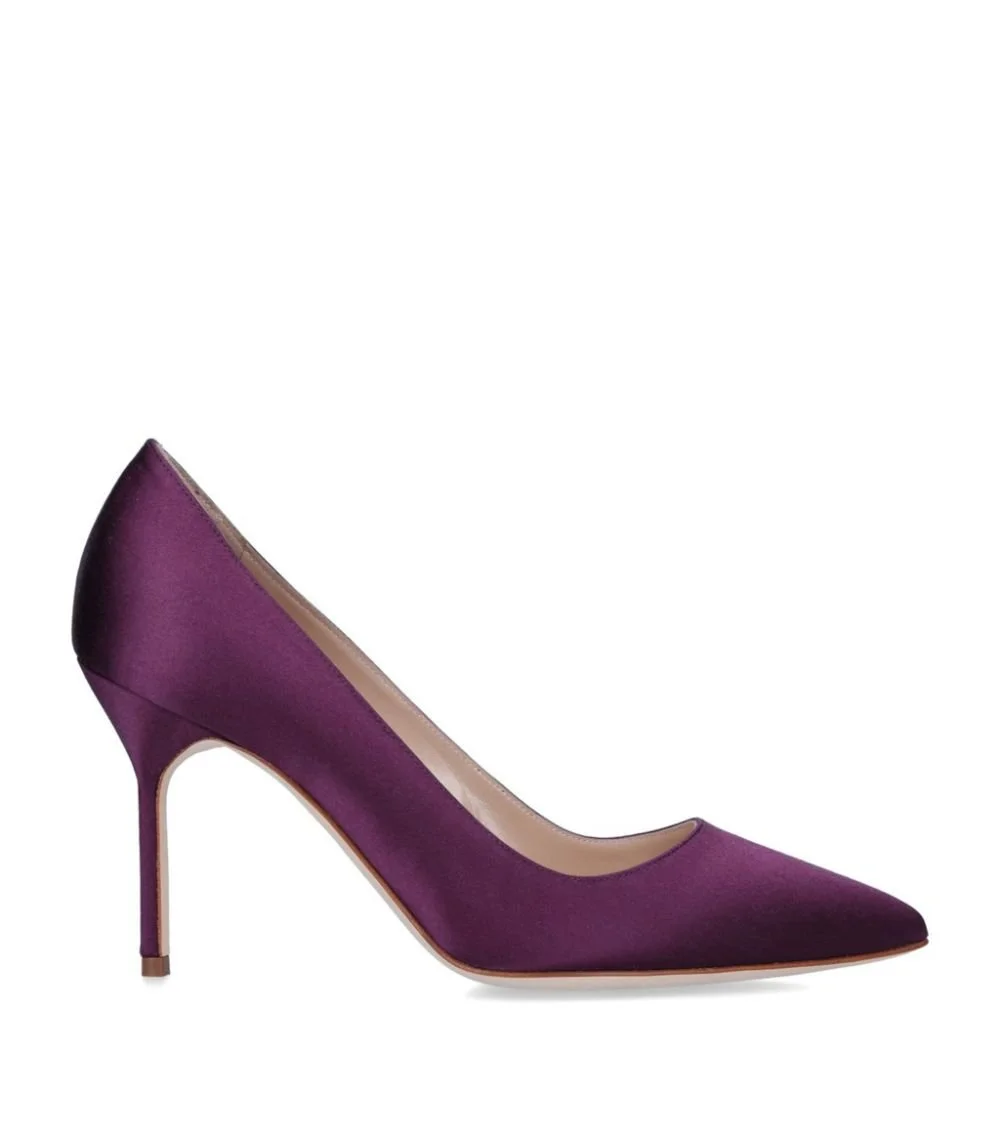 Manolo Blahnik BB Pointed Toe Pumps in Burgundy Satin