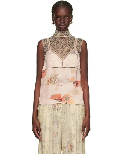 Dries Van Noten Embellished Tulle-Paneled Top in Beige Floral
