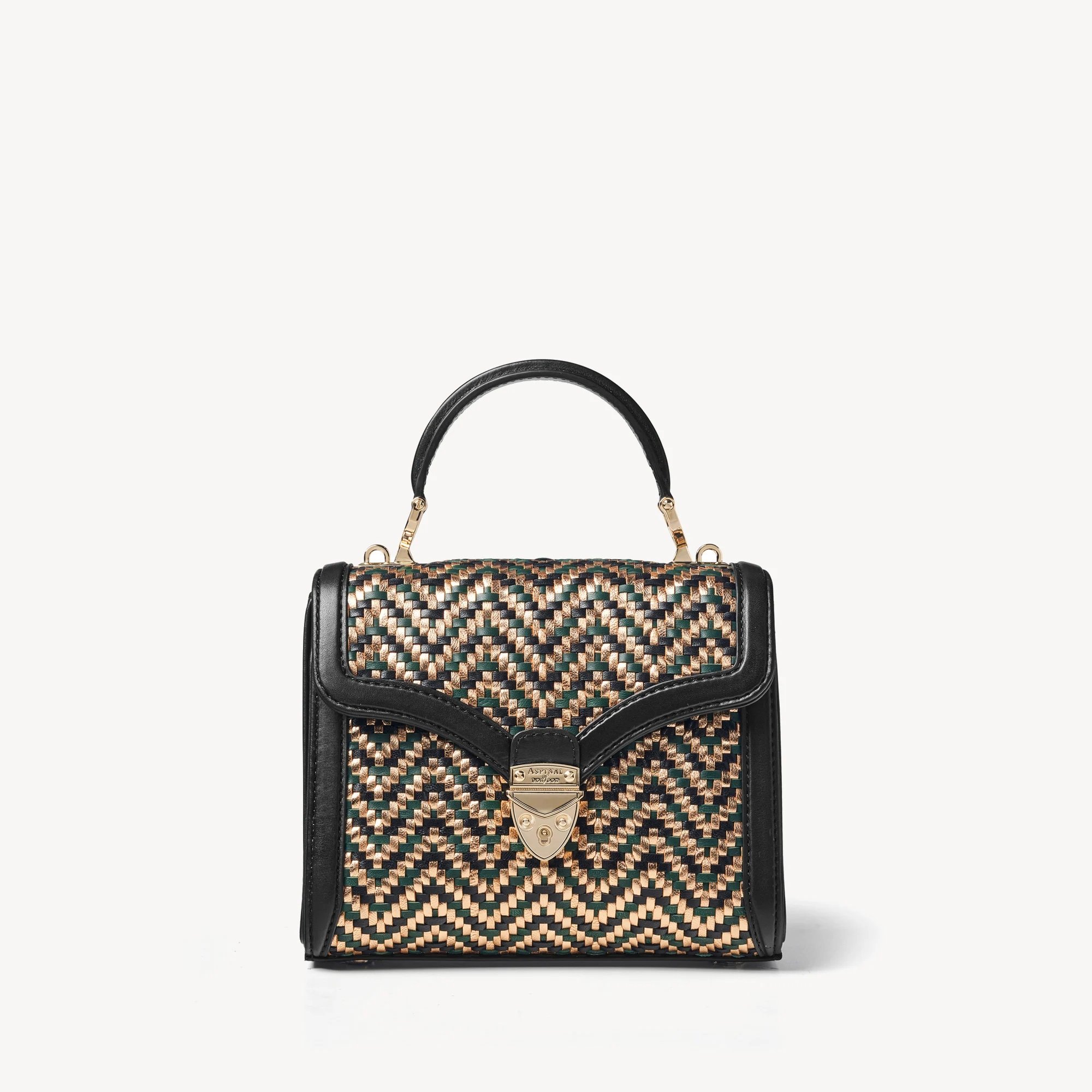 Aspinal of London Midi Mayfair Bag in Champagne, Green & Black Woven Leather.jpg