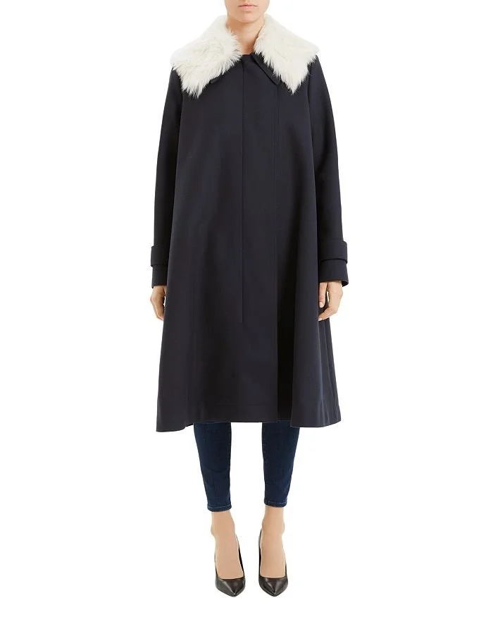 Theory Wool Cloak Coat with Shearling Trim in Navy