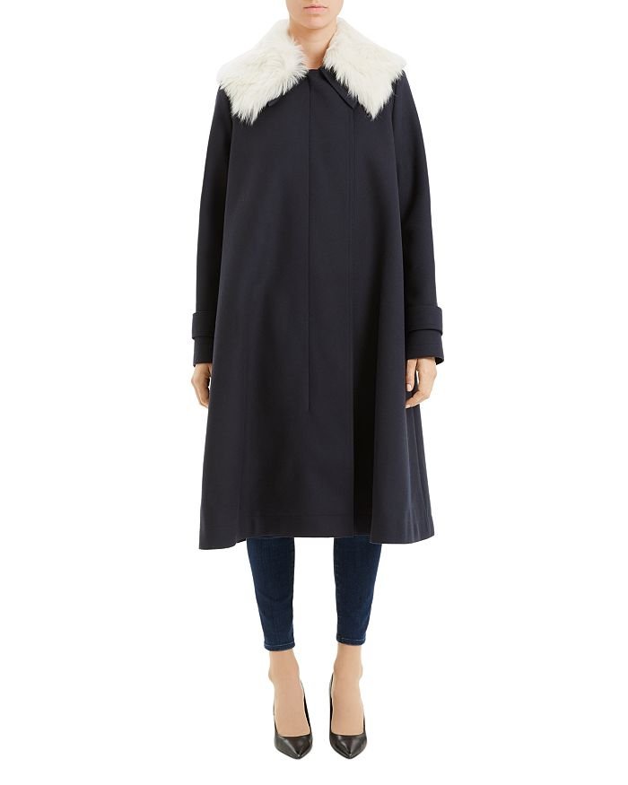 Theory Wool Cloak Coat with Shearling Trim in Navy.jpeg