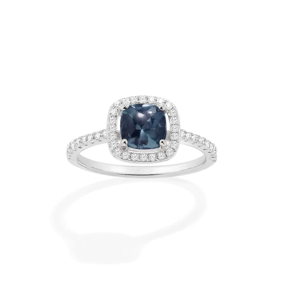 APM Monaco Lumiere Small Square Pavé Ring in Sterling Silver and Blue