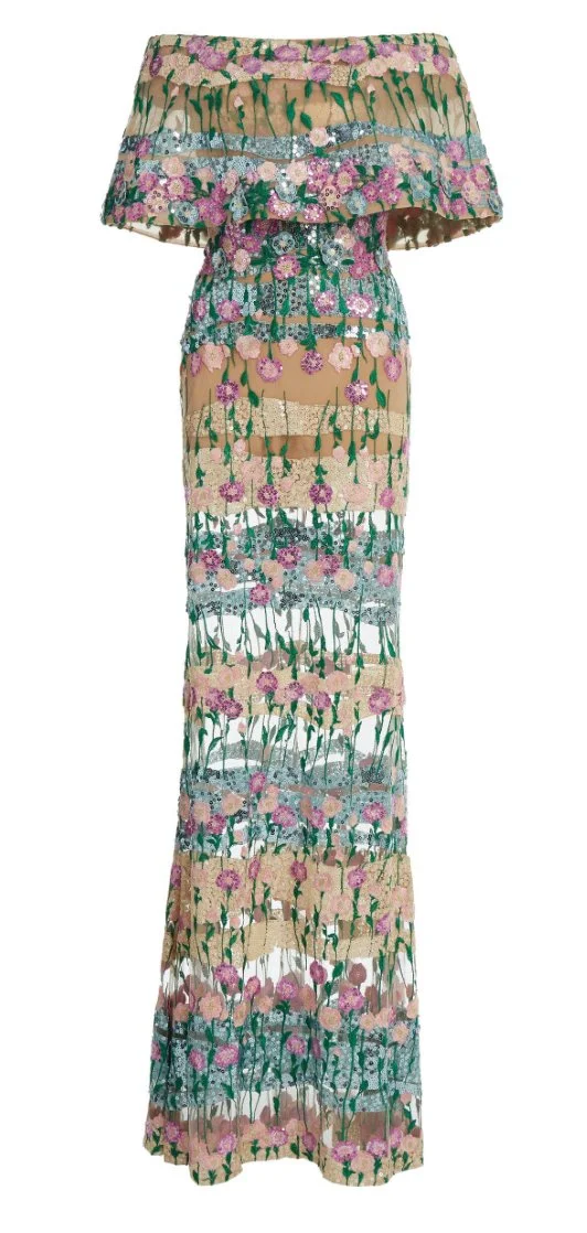 Elie Saab Off-The-Shoulder Layered Floral-Embroidered Tulle Gown