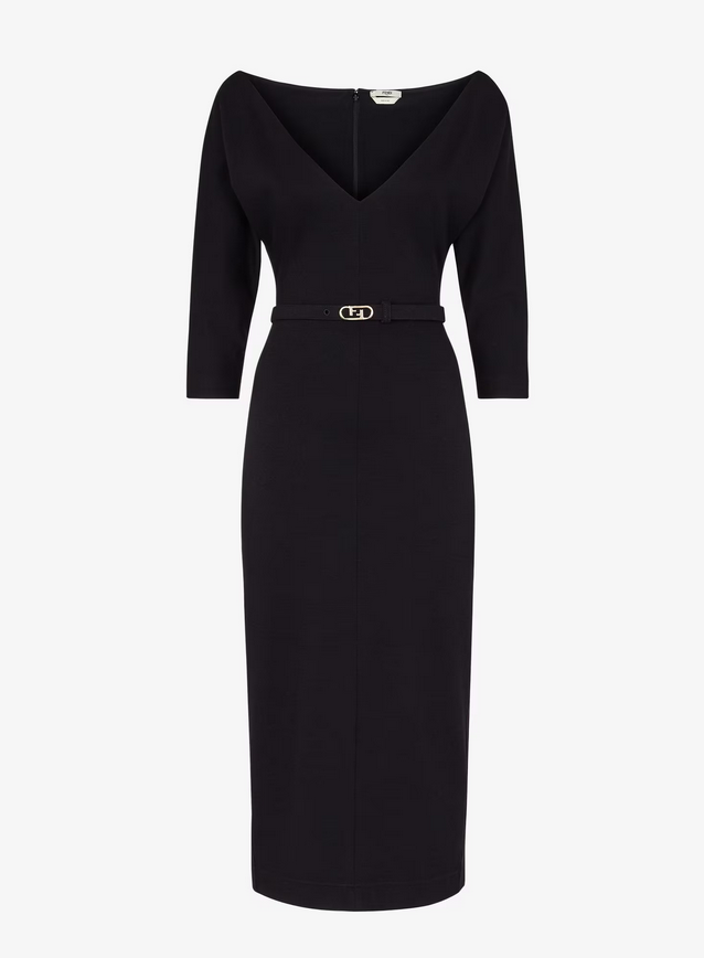 Fendi Belted Wool Jersey Dress in Black.png