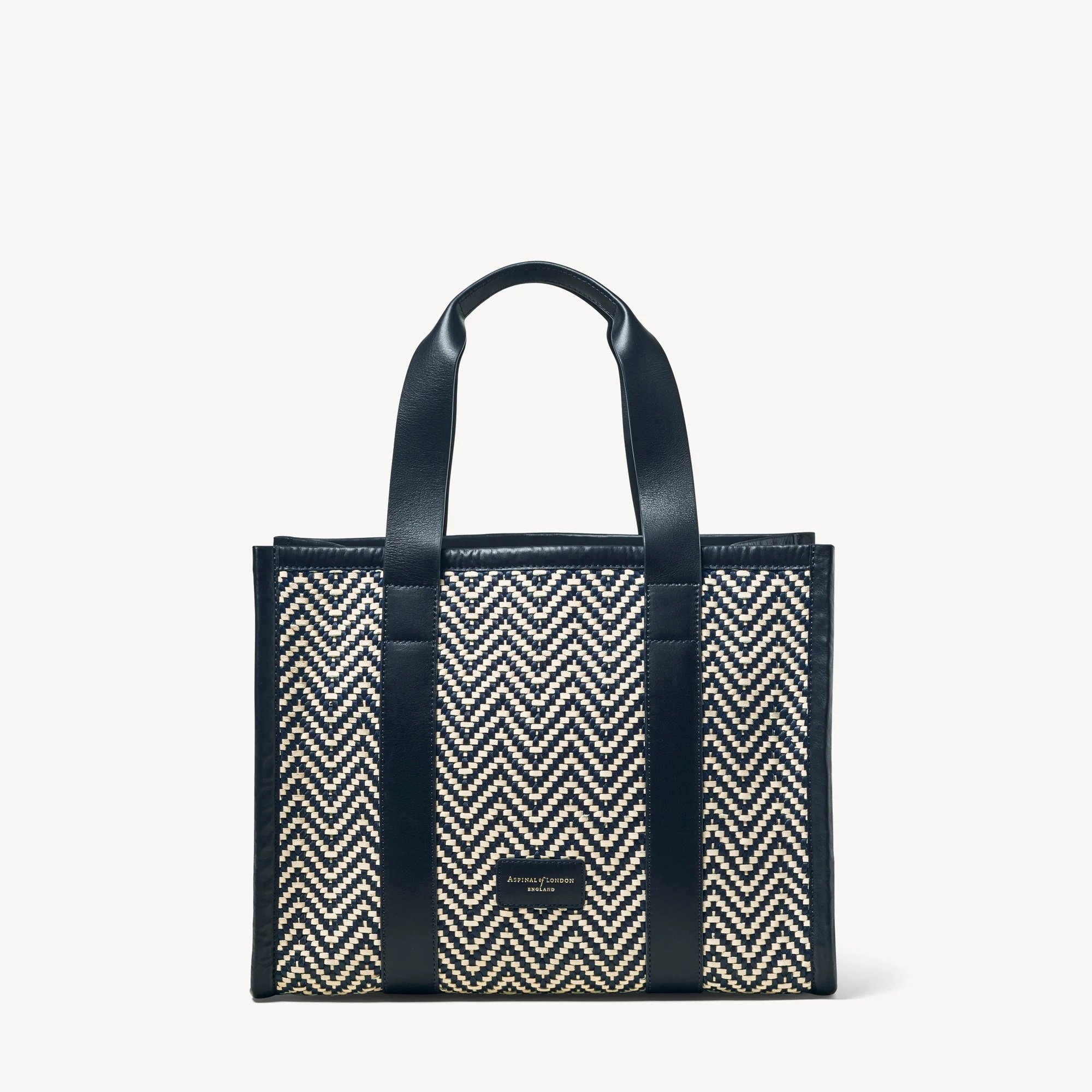 Aspinal of London Small Henley Tote in Navy & Ivory Chevron Woven Leather.jpg