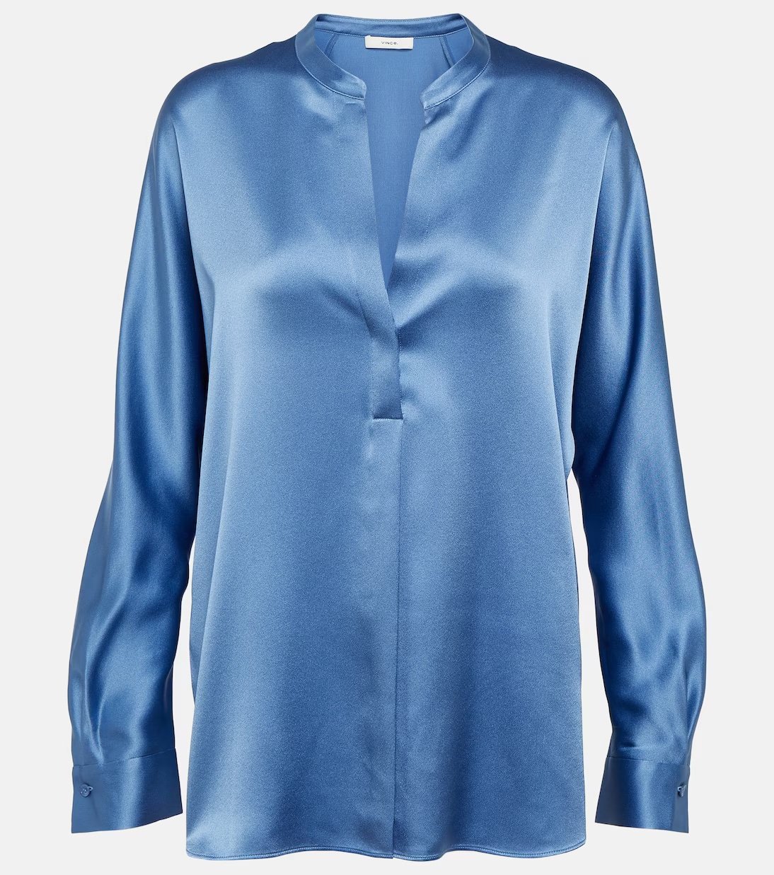 Vince Band Collar Silk Blouse in Blue