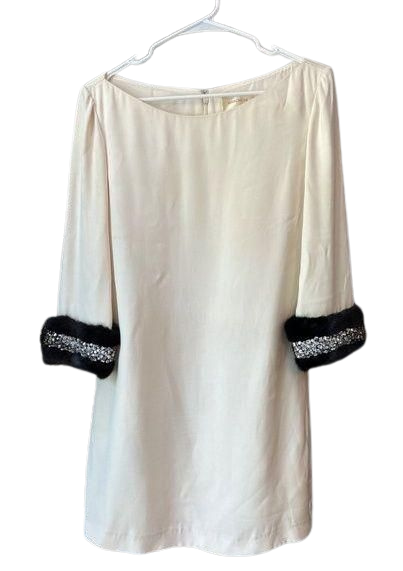Marchesa Fur Beaded Sleeve Dress