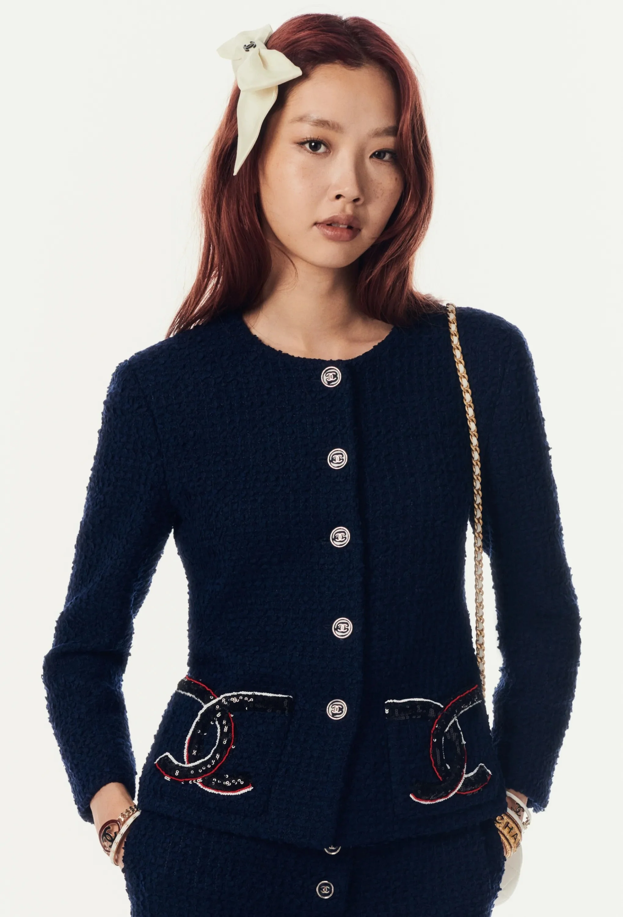 Chanel Embroidered Glittered Tweed Jacket in Navy/White/Red