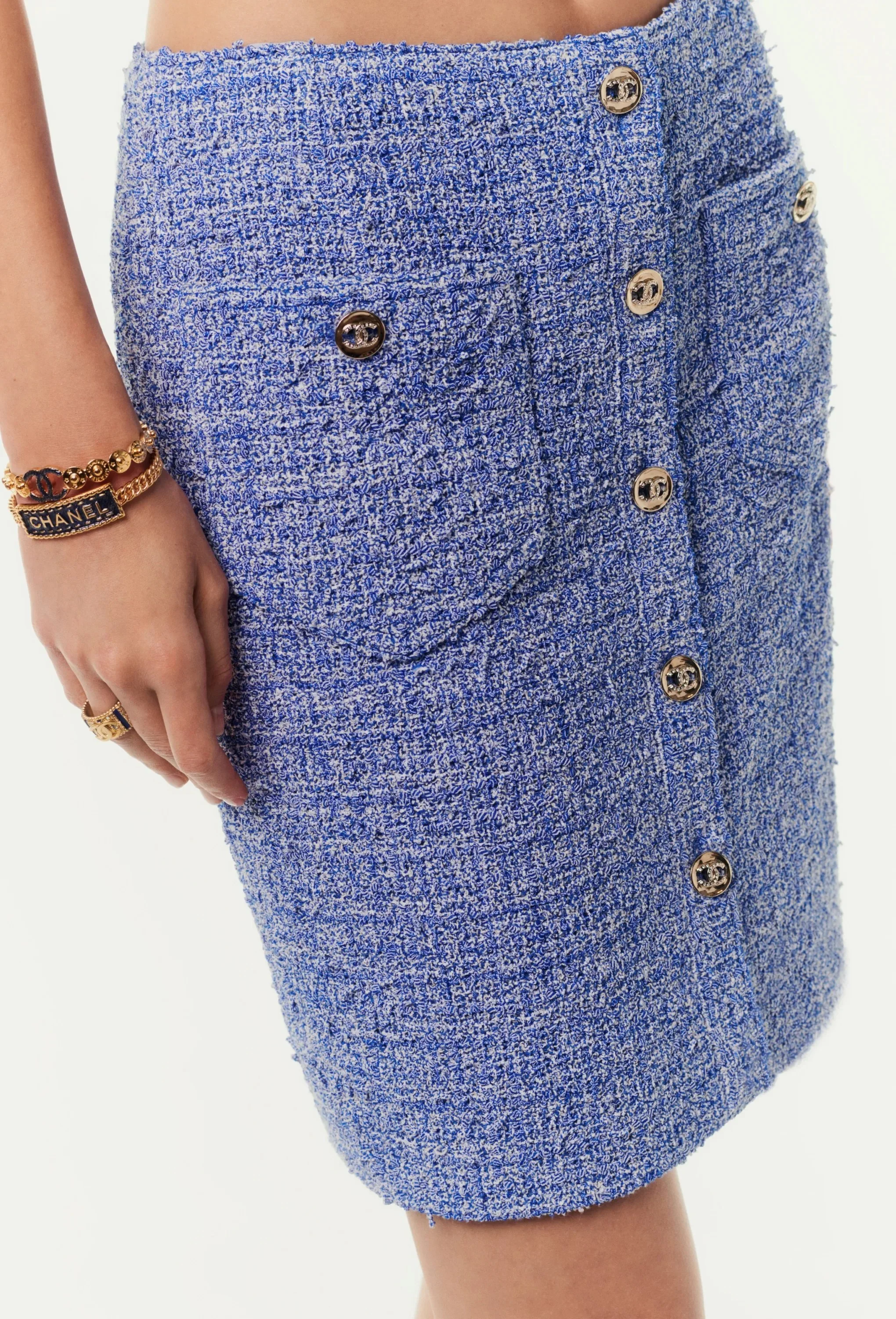 Chanel Tweed Button Skirt in Blue/White