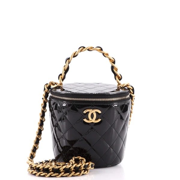 Chanel Chain Top Handle Bucket Bag in Black Quilted Patent Leather.jpg