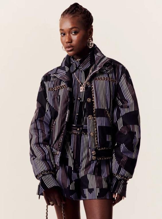 Chanel Chain-Embellished Corduroy Jacket in BlackBrownLilacIvory.jpg