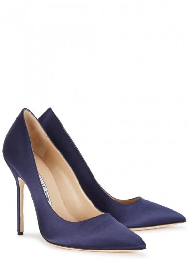 Manolo Blahnik BB Pointed Toe Pumps in Navy Satin — UFO No More