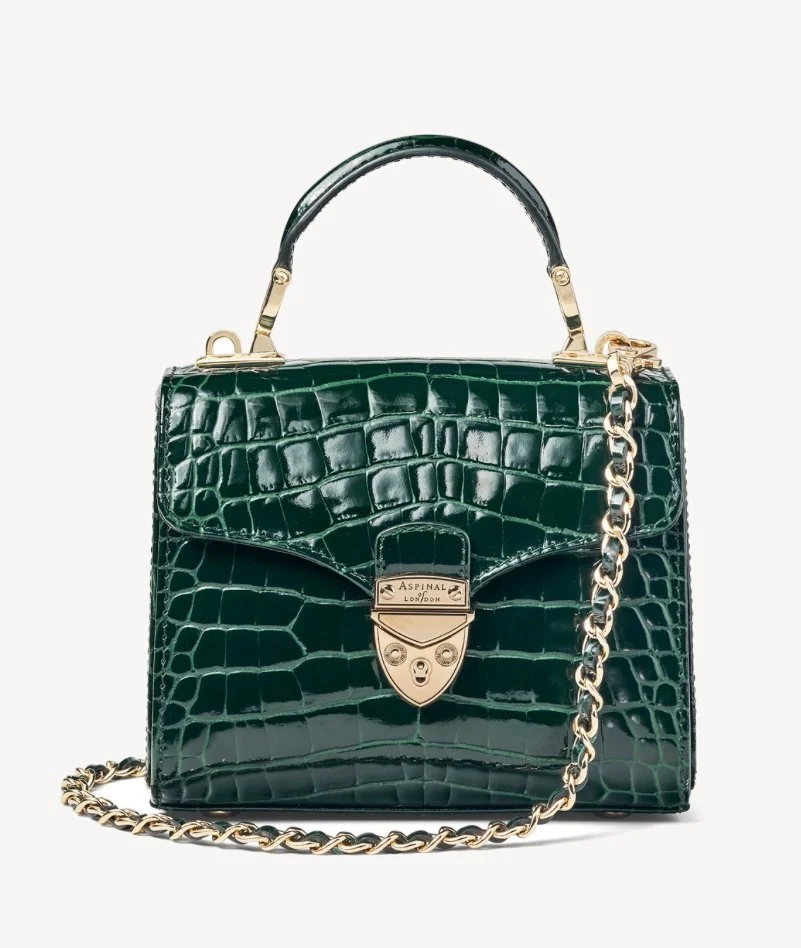 Aspinal of London Mini Mayfair Bag in Evergreen Patent Croc