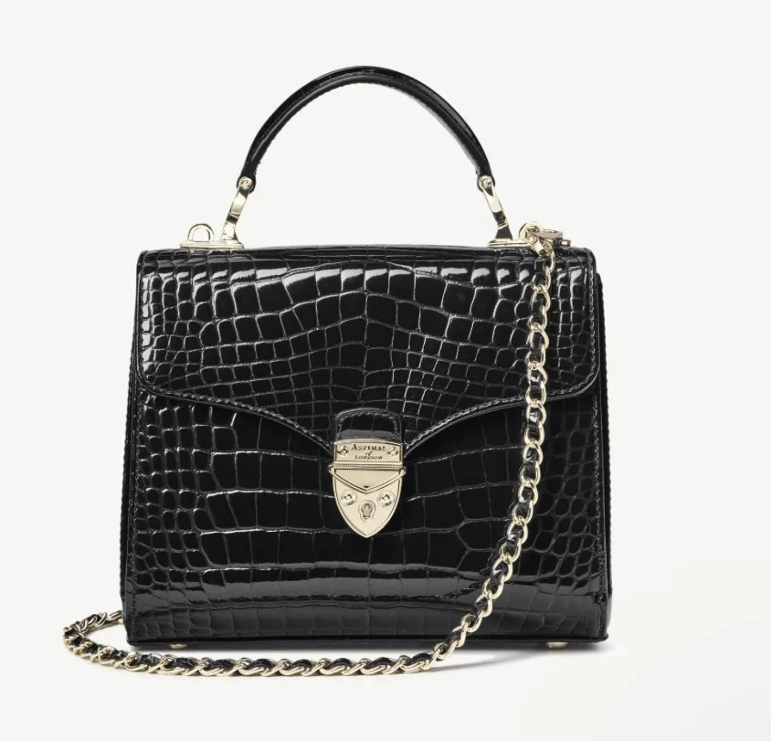 Aspinal of London Midi Mayfair Bag in Black Patent Croc