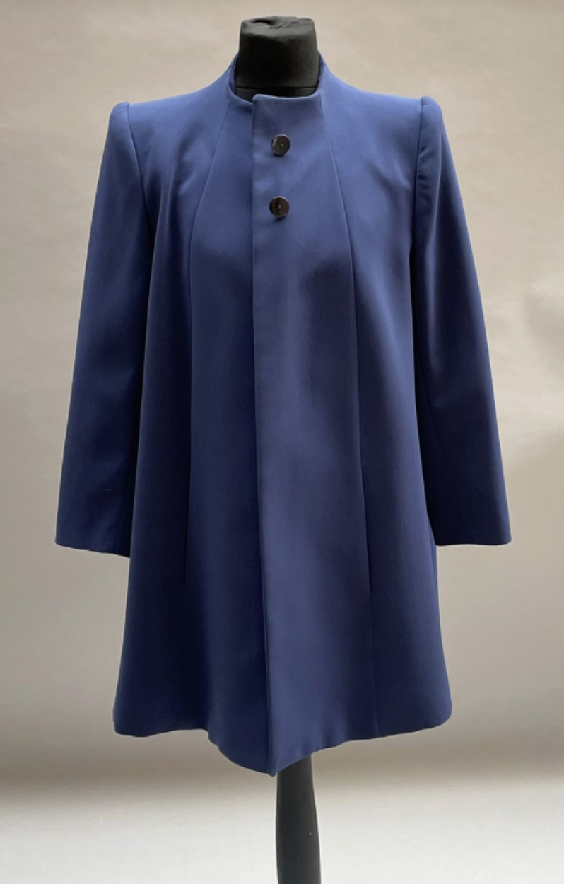 Yves Dooms Buttoned High Neck Coat in Navy Crepe