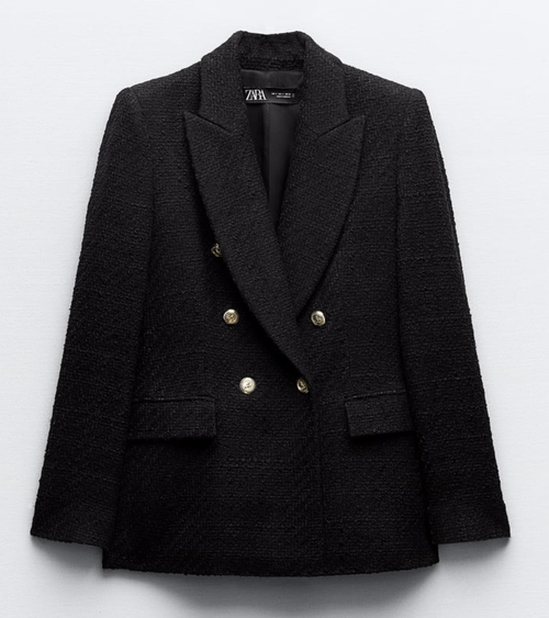 Zara Double Breasted Textured Weave Jacket in Black.png