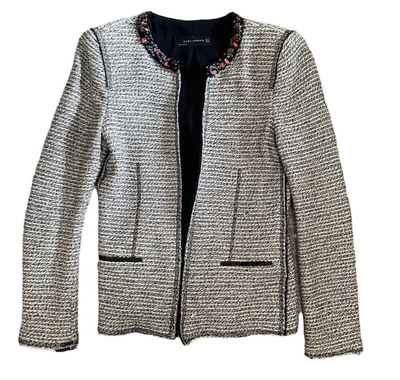 Zara Bouclé Tweed Blazer with Embellished Collar